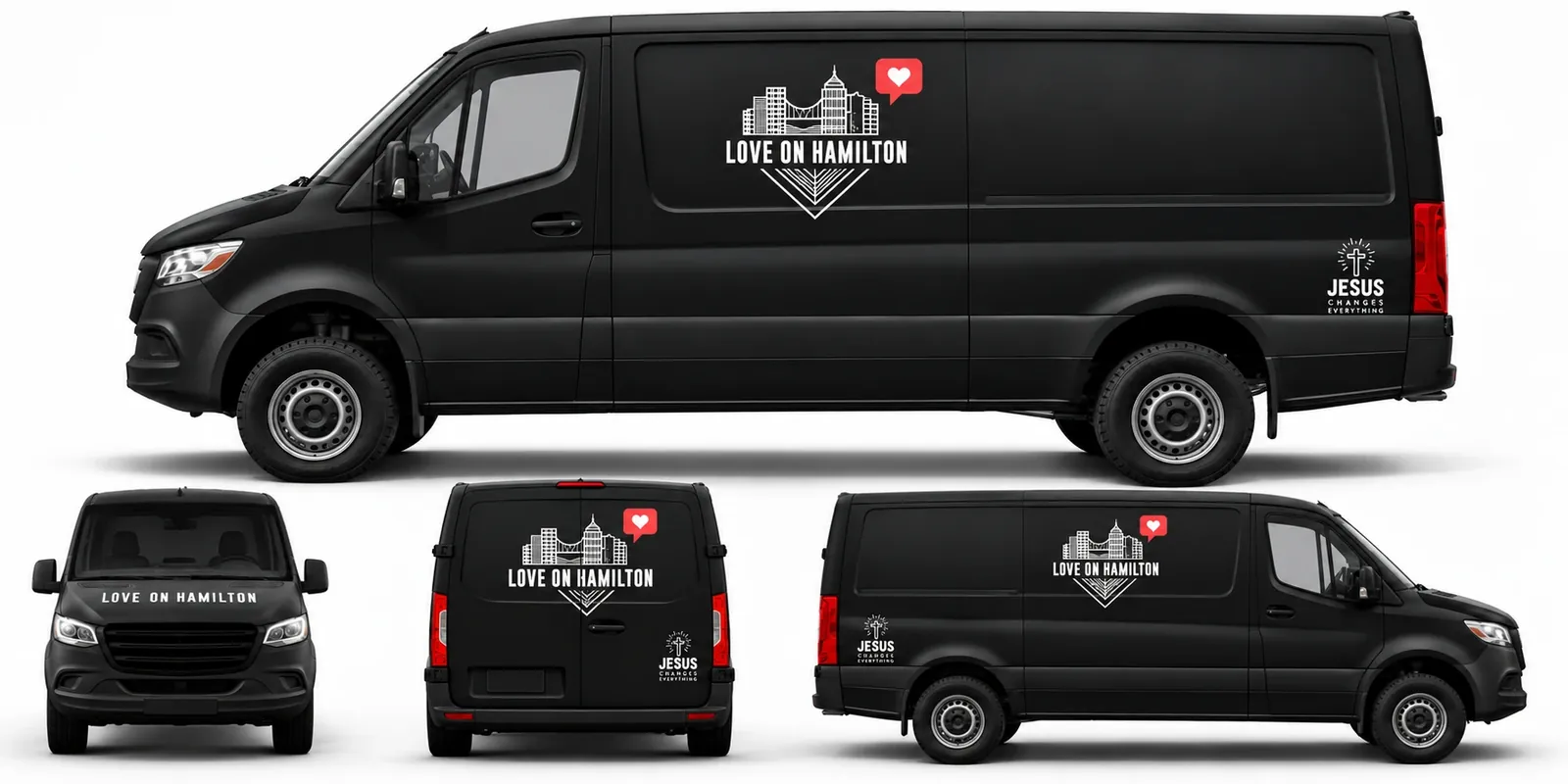 Concept wrap for the Love on Hamilton cargo van with the ministry logo and 'Jesus changes everything'